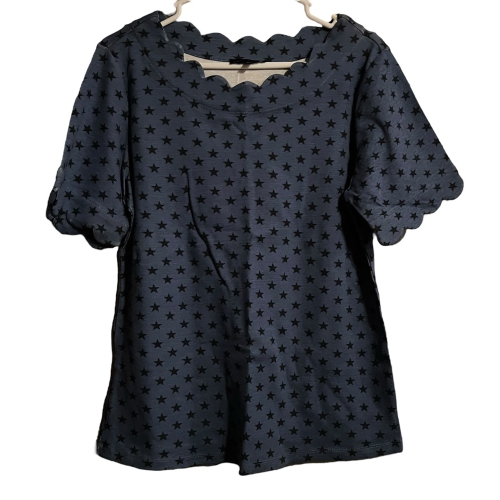 Napa Valley Blue Star Print Scalloped Neckline Short Sleeve Size PXL